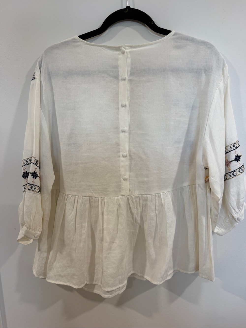 Andree White Embroidered Peasant Tunic with Navy, Yellow, and Pink Accents - Picture 4 of 5